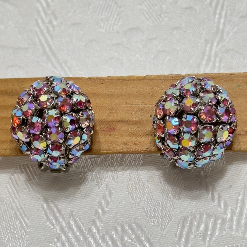 Pink Warner Clip On Earrings Aurora Borealis Rhinestones Round Dome Signed VTG